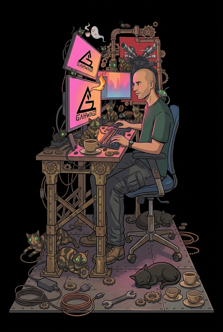 A tinkerer at a steampunk desk, surrounded by cats and coffee, with the Gahwagi logo glowing on the monitors